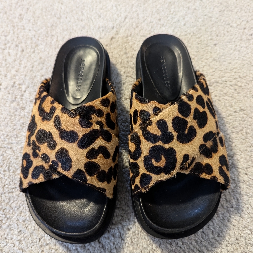 Aerosoles Leather Leopard Slide Sandals - Lina size 7M